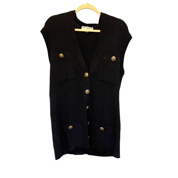 St. John Collection Black Sleeveless Ribbed Knit Cardigan With Gold Buttons Sz L - Picture 1 of 4